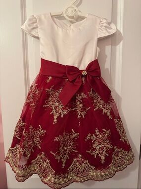 Rare Editions White and Red Gold Embroidered Holiday Dress